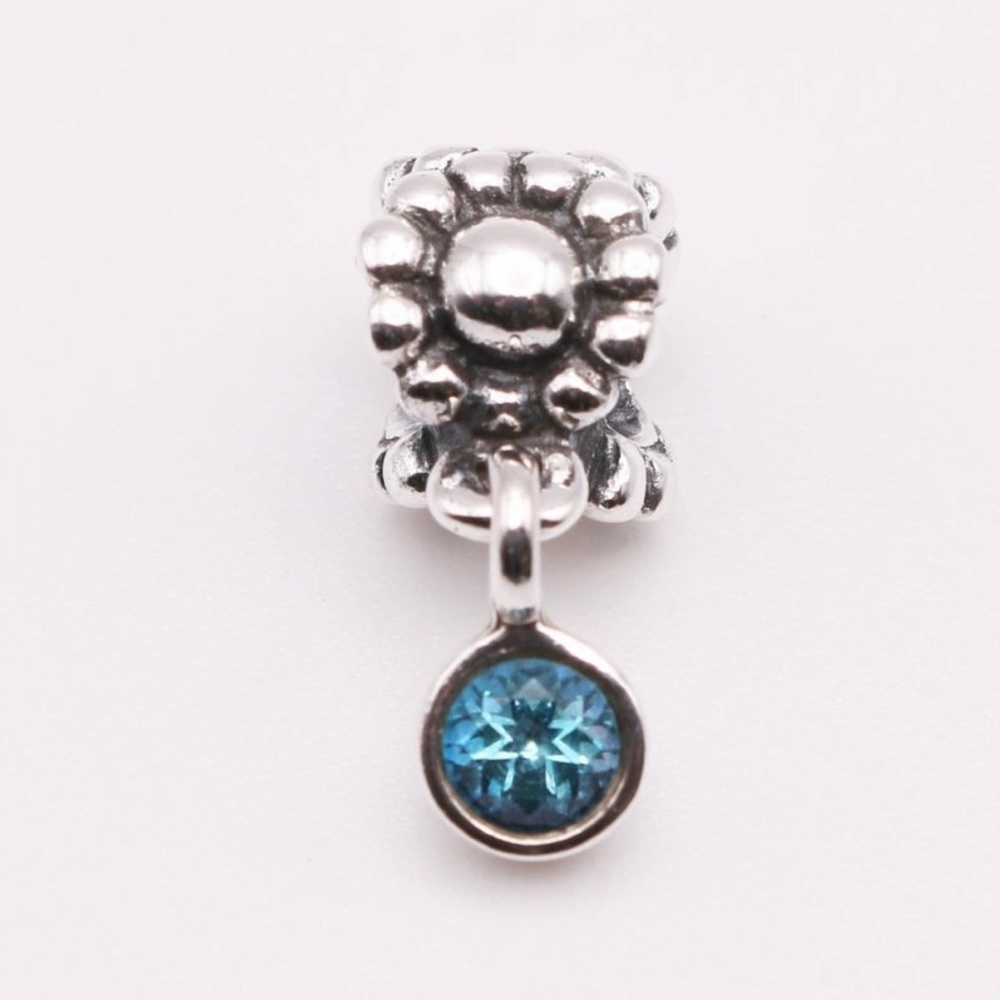 Authentic PANDORA Sterling Silver Blue Dew Drop Dangle Daisy Teal Topaz Charm